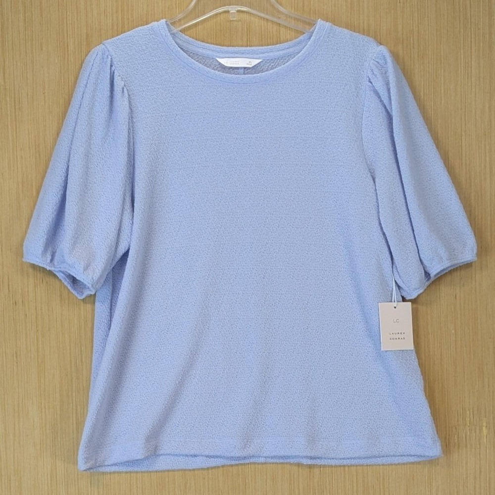 Lauren‎ Conrad Preppy Soft Girl Minimalist Blue Textured Puff Sleeve Knit Top XL